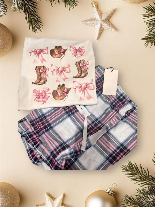 Country cowboy boots, cowboy hats and pink bows short pyjama set. - Image 3