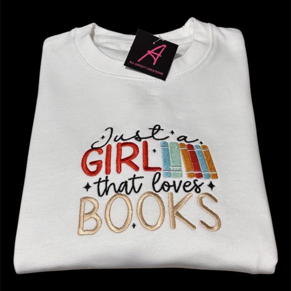 Just a girl who loves books Children's embroidered slogan sweatshirt.