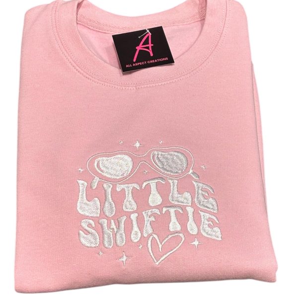 Children's embroidered Little Swiftie sweatshirt.