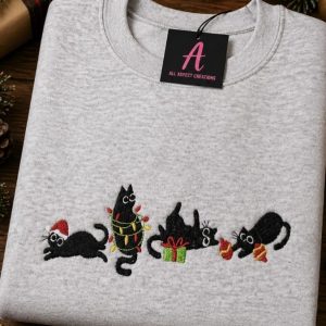 Embroidered Christmas Cat Sweatshirt: Playful Holiday Jumper