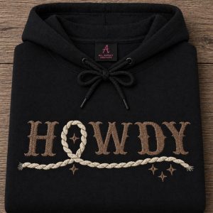 Embroidered Howdy rope sweatshirt.