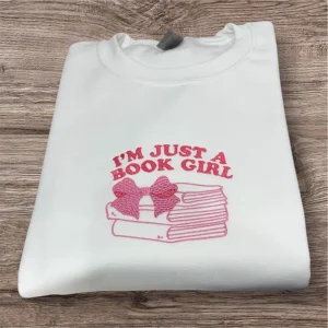 Embroidered Book Girl Sweatshirt: Crew Neck Jumper, Reading Clothing