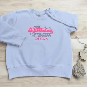 Embroidered children’s personalised birthday princess, sweatshirt or hoodie. Girls birthday clothing.