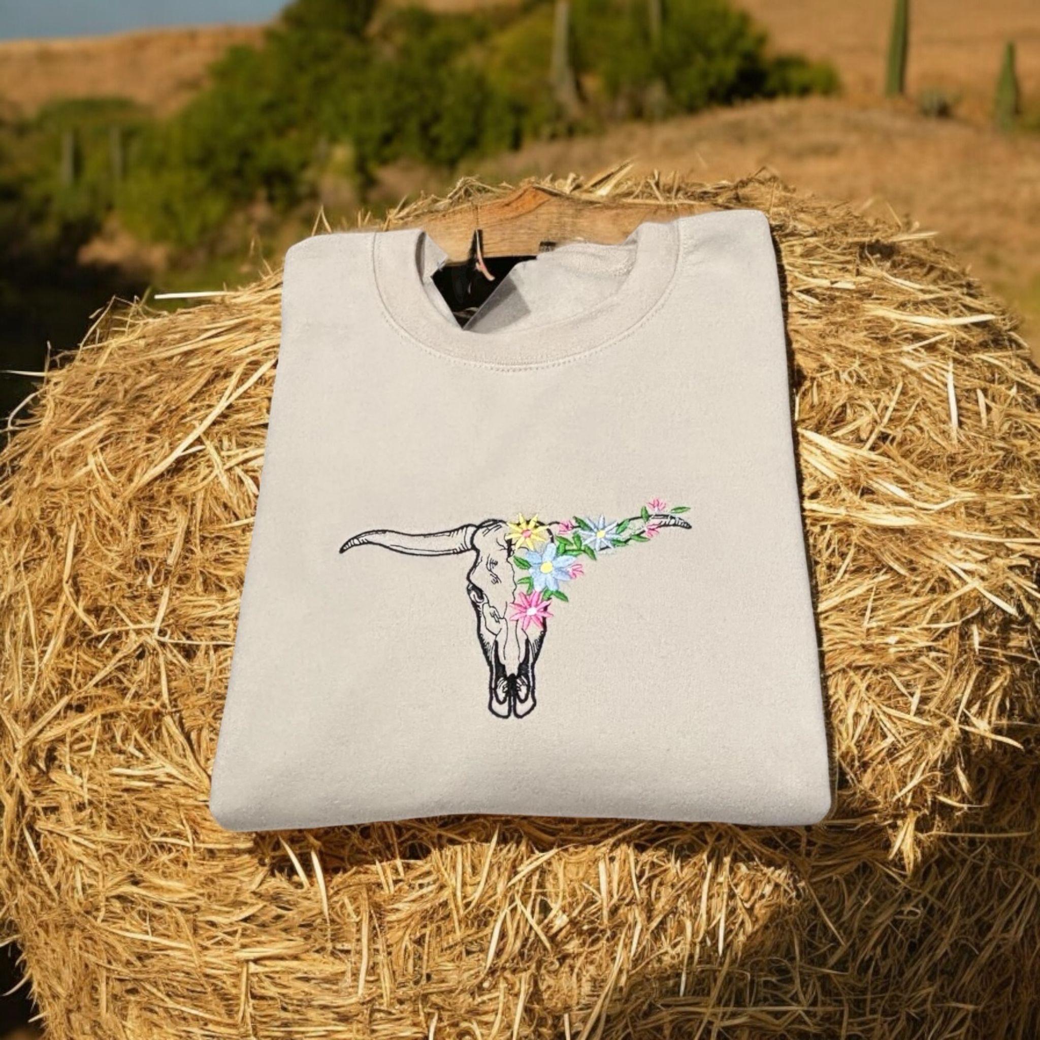 Embroidered longhorn, bullhead, flowers sweatshirt or hoodie. Country clothing, cowboy, western vibes, country music. - Image 2