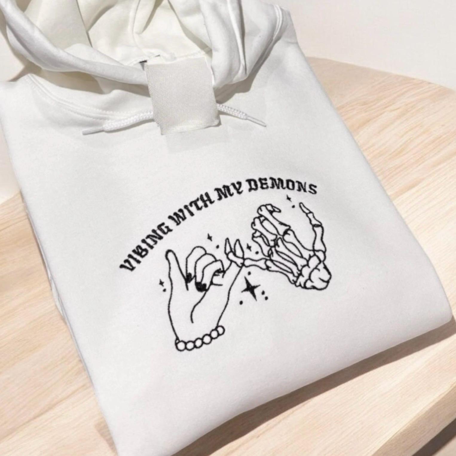 Embroidered 'Vibing With My Demons' Sweatshirt: Funny Mental Health Hoodie - Image 3