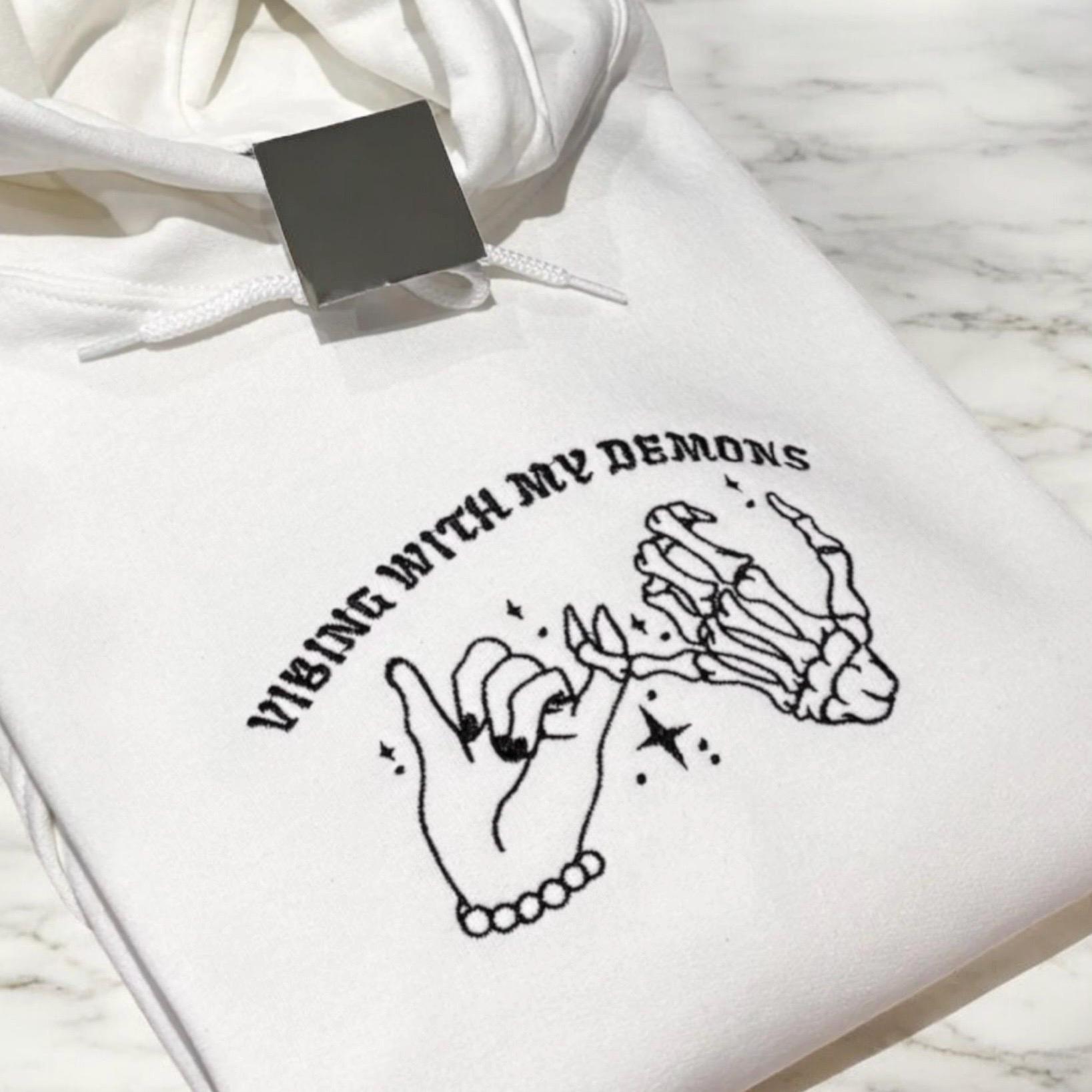 Embroidered 'Vibing With My Demons' Sweatshirt: Funny Mental Health Hoodie - Image 2