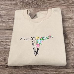 Embroidered longhorn, bullhead, flowers sweatshirt or hoodie. Country clothing, cowboy, western vibes, country music.