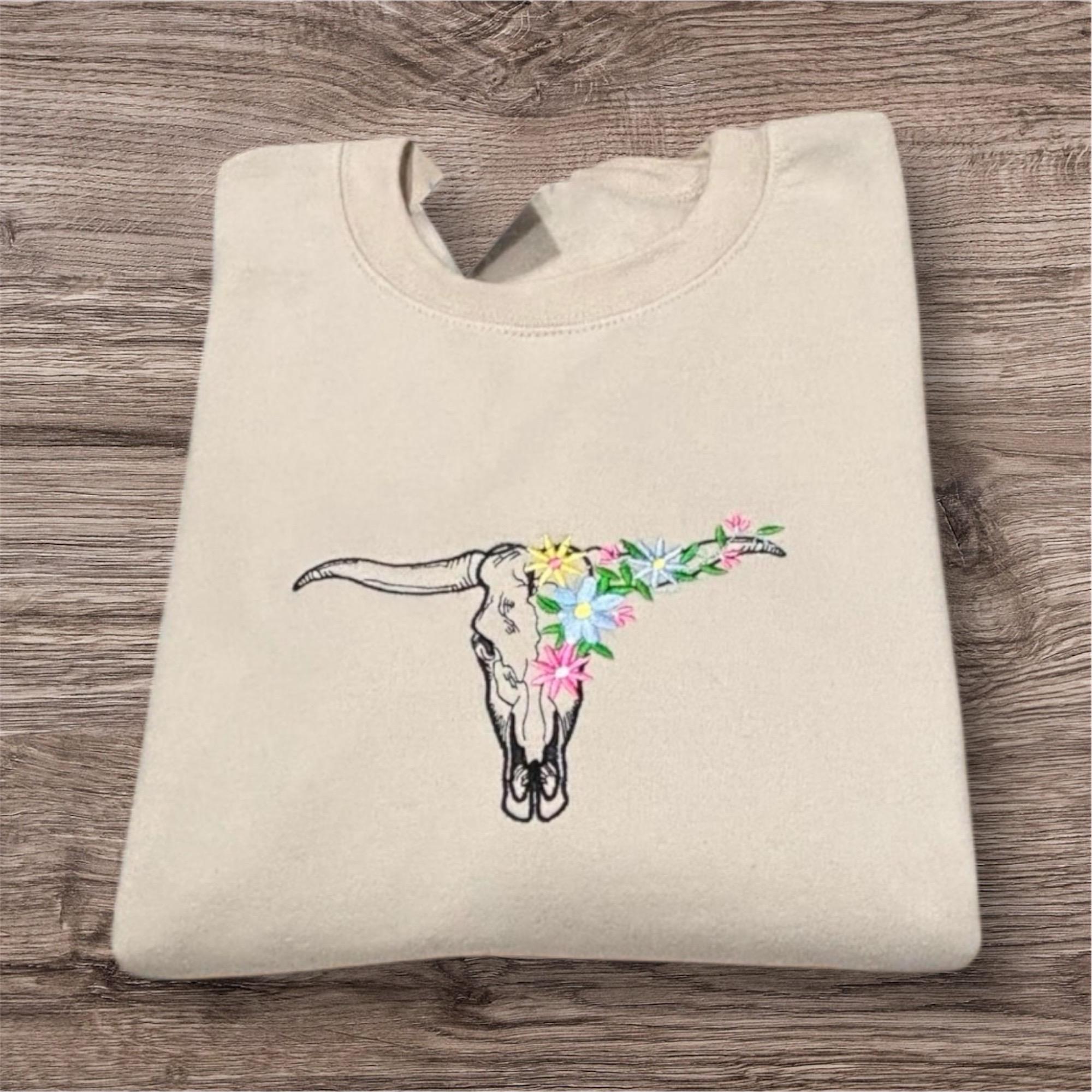 Embroidered longhorn, bullhead, flowers sweatshirt or hoodie. Country clothing, cowboy, western vibes, country music.