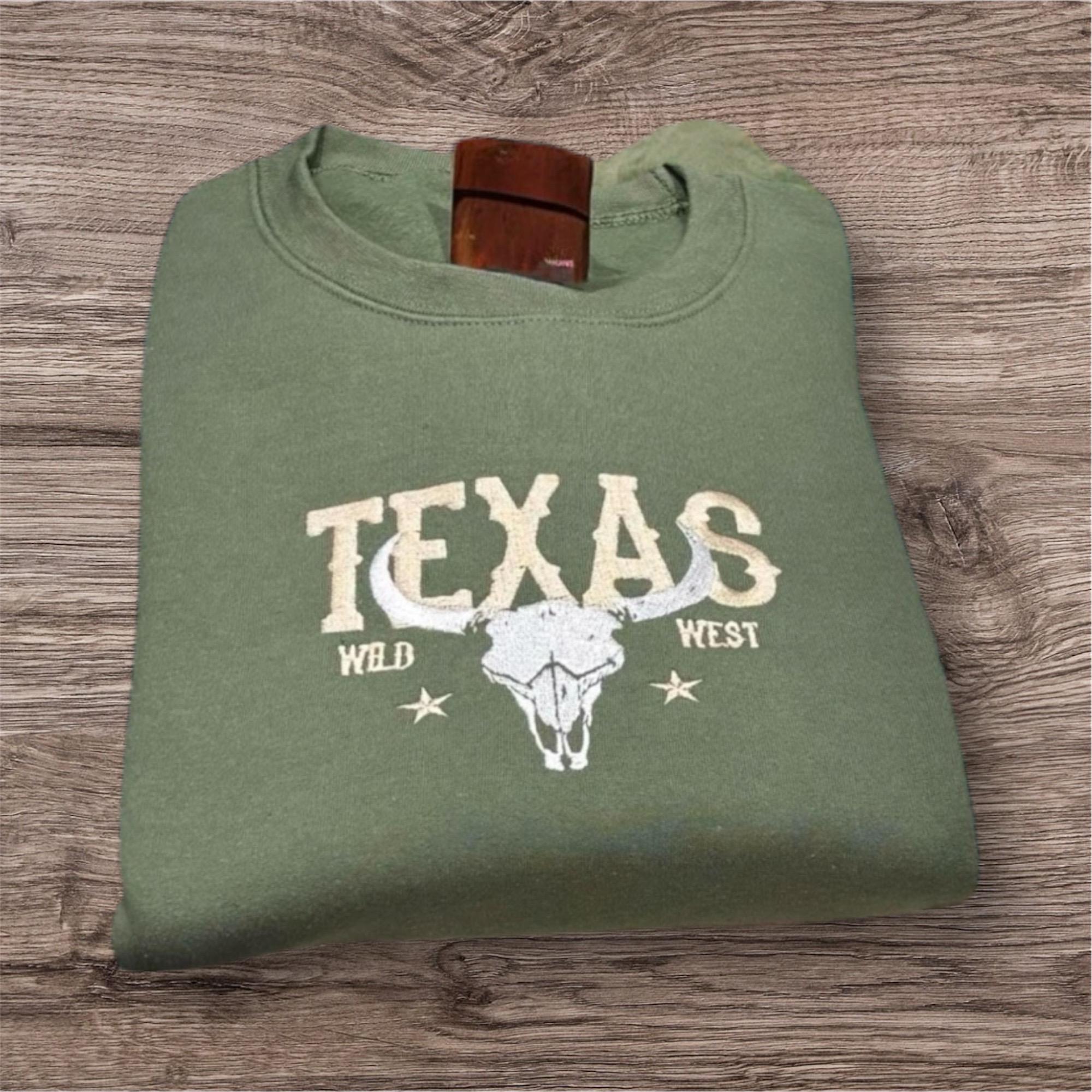 Embroidered Texas, longhorn, sweatshirt or hoodie. Country clothing, cowboy gifts, western vibes.