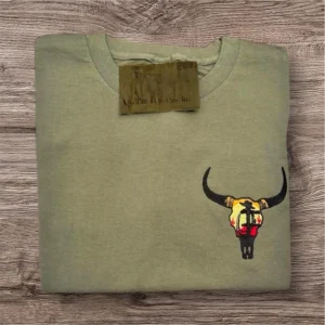 Embroidered longhorn, bullhead T-shirt, sweatshirt or hoodie. Country clothing, cowgirl, western vibes.