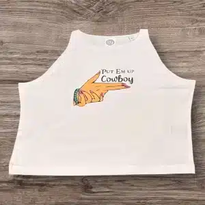 Put em up cowboy, funny slogan crop top, women’s cropped tee, cowgirl fashion, country festival clothing, western apparel, cowgirl gifts.