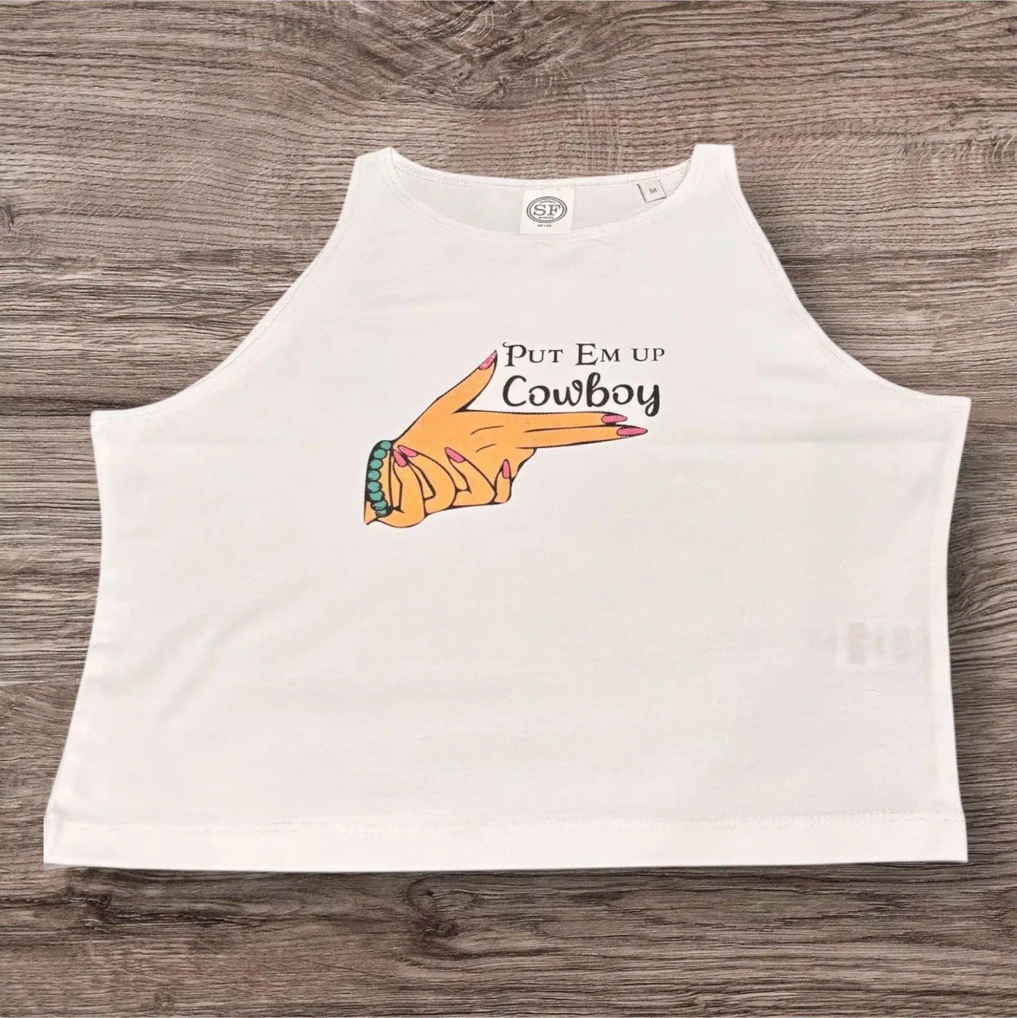 Put em up cowboy, funny slogan crop top, women’s cropped tee, cowgirl fashion, country festival clothing, western apparel, cowgirl gifts.