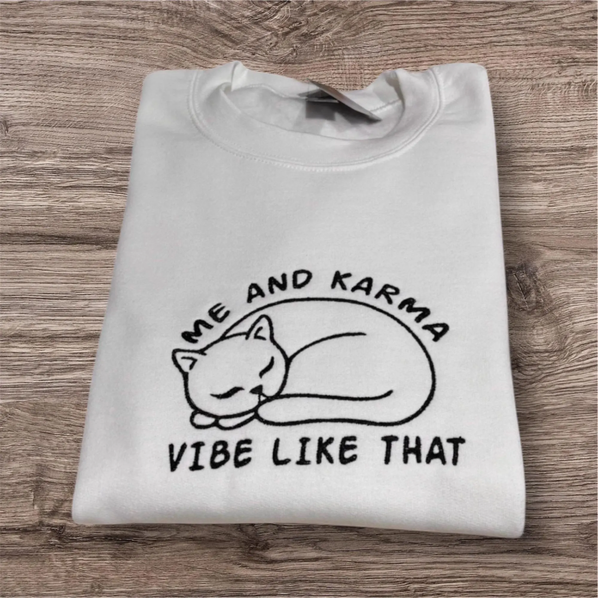 Embroidered Cat Sweatshirt: Me and Karma Vibe, Funny Mental Health Jumper - Image 3