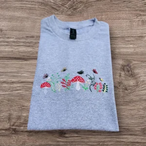 Enchanted hedgerow embroidered, floral woodland sweatshirt, hoodie. Pretty flowers, wildlife, forestry, mushroom, butterfly sweater.