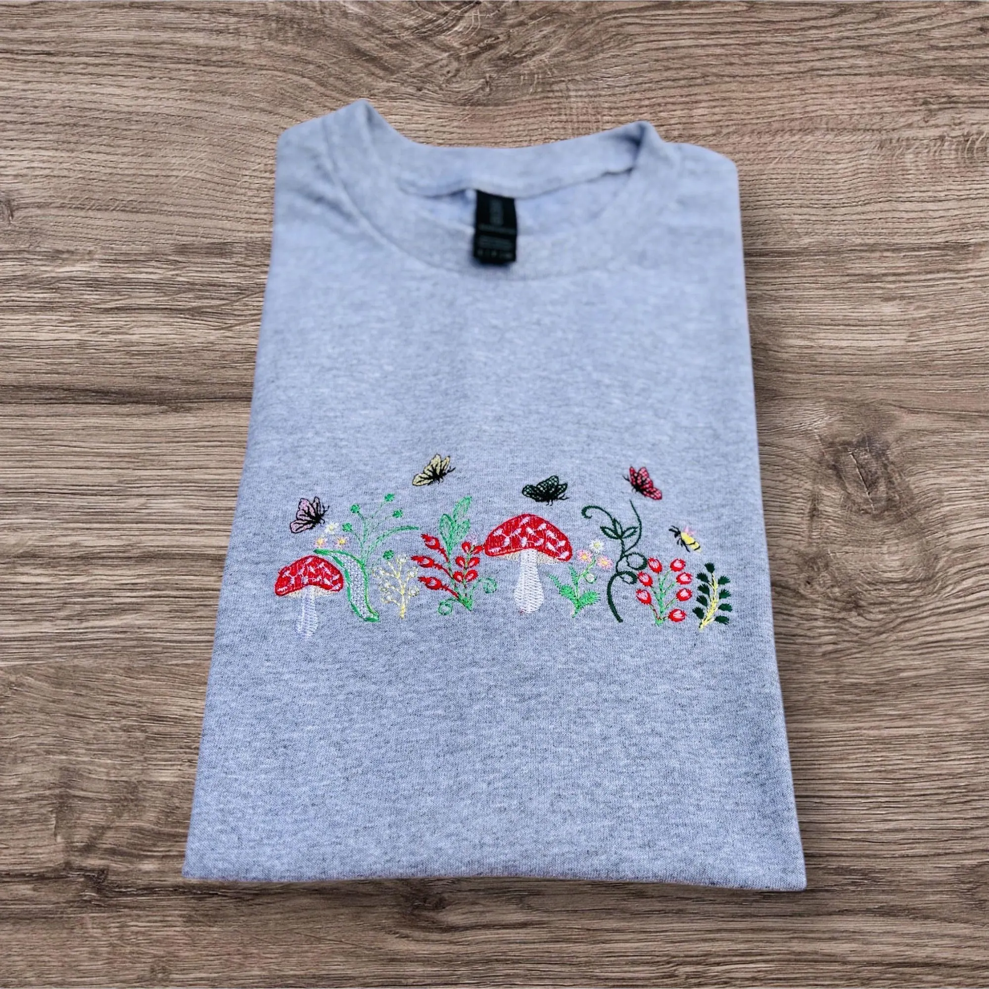 Enchanted hedgerow embroidered, floral woodland sweatshirt, hoodie. Pretty flowers, wildlife, forestry, mushroom, butterfly sweater.