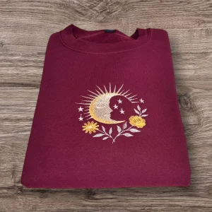 Floral mystical moon face embroidered, sweatshirt, hoodie. Pretty flowers, moon sweater, adult fashion.