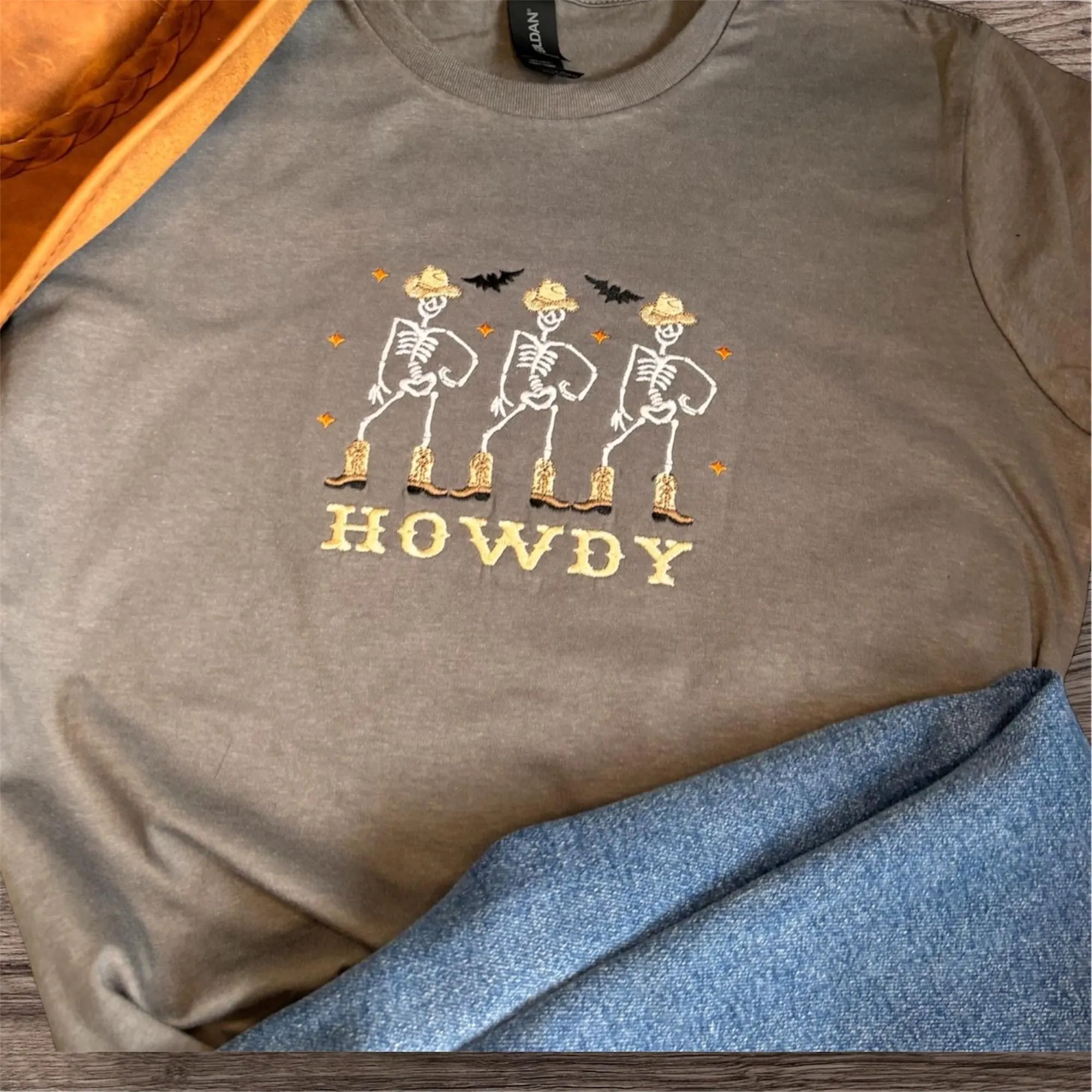 Embroidered Howdy Skeleton Sweatshirt: Cowboy Boots, Western Halloween Jumper - Image 2