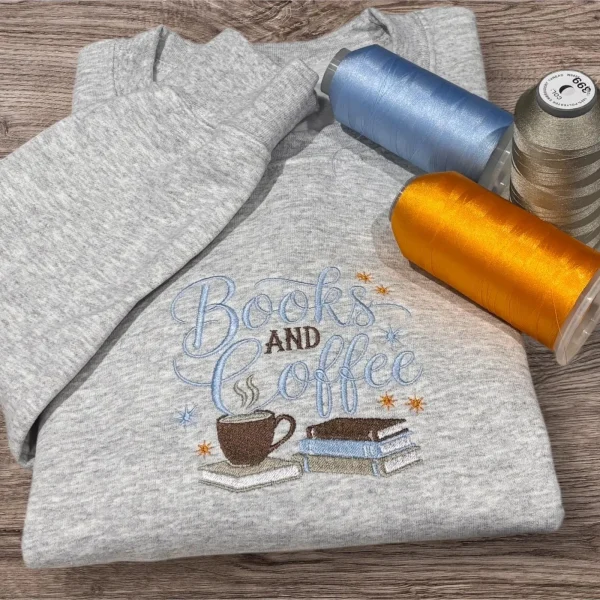 Embroidered Books and Coffee Sweatshirt: Reading Lover Crew Neck - Image 4