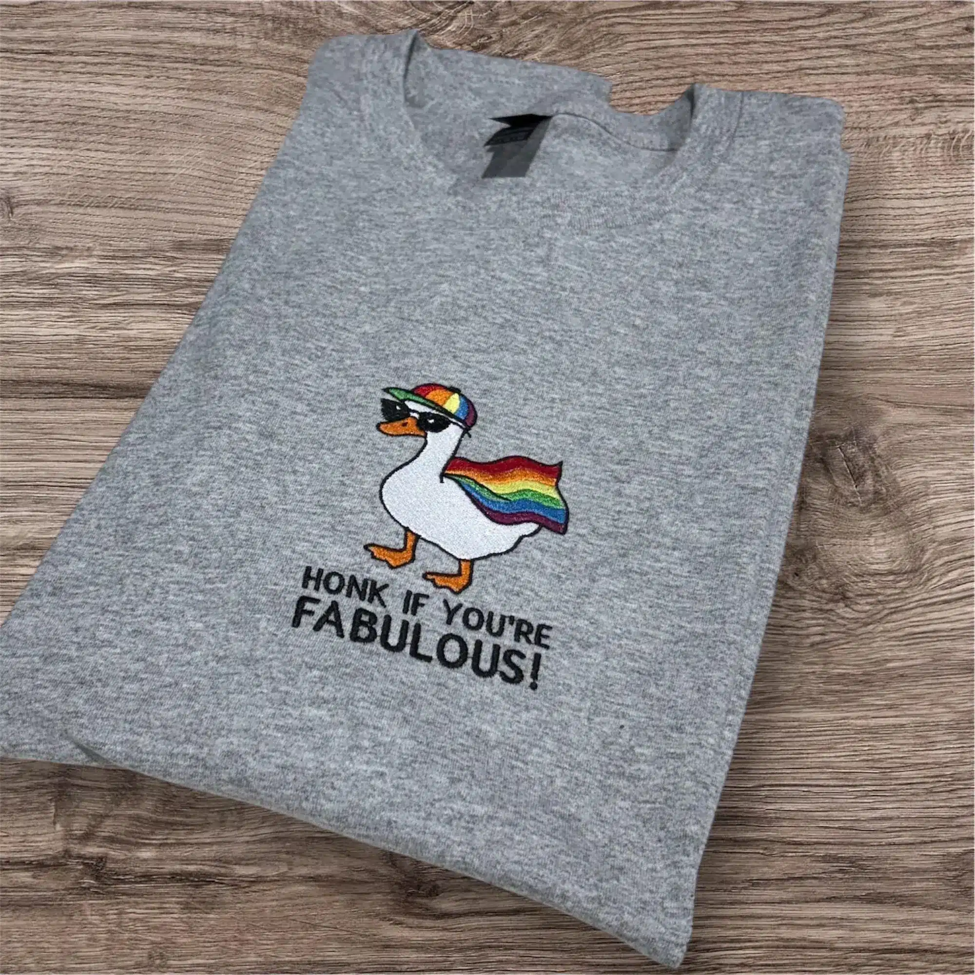 Embroidered silly goose LGBTQ flag T-shirt, sweatshirt or hoodie. Goose clothing, silly goose gift, cute animal jumper, funny top for adults