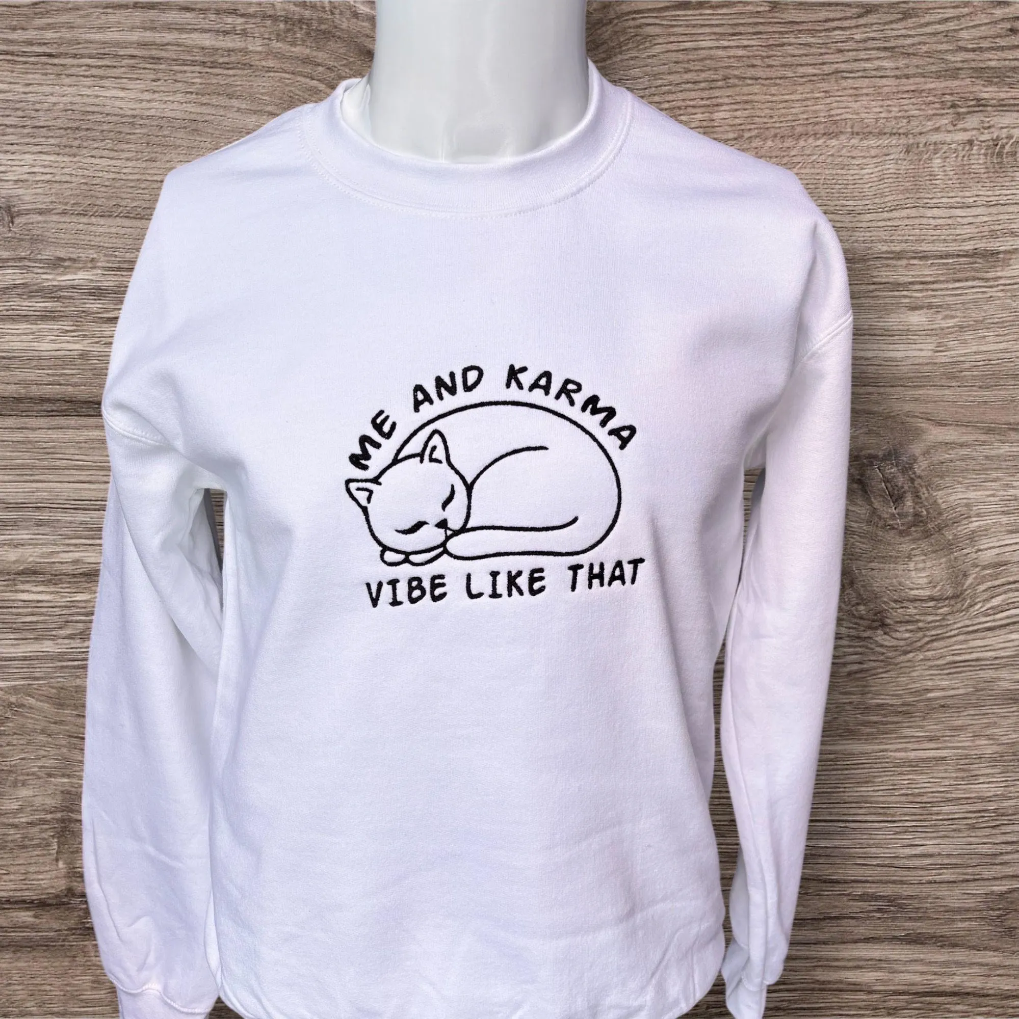Embroidered Cat Sweatshirt: Me and Karma Vibe, Funny Mental Health Jumper - Image 2