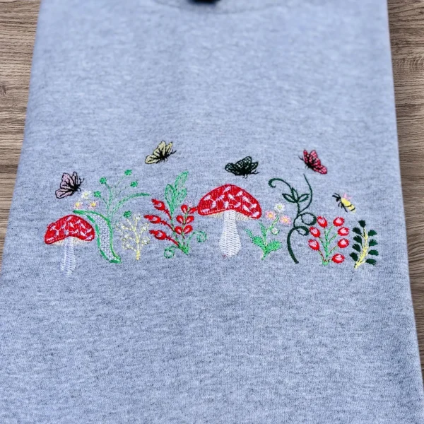 Enchanted hedgerow embroidered, floral woodland sweatshirt, hoodie. Pretty flowers, wildlife, forestry, mushroom, butterfly sweater. - Image 2