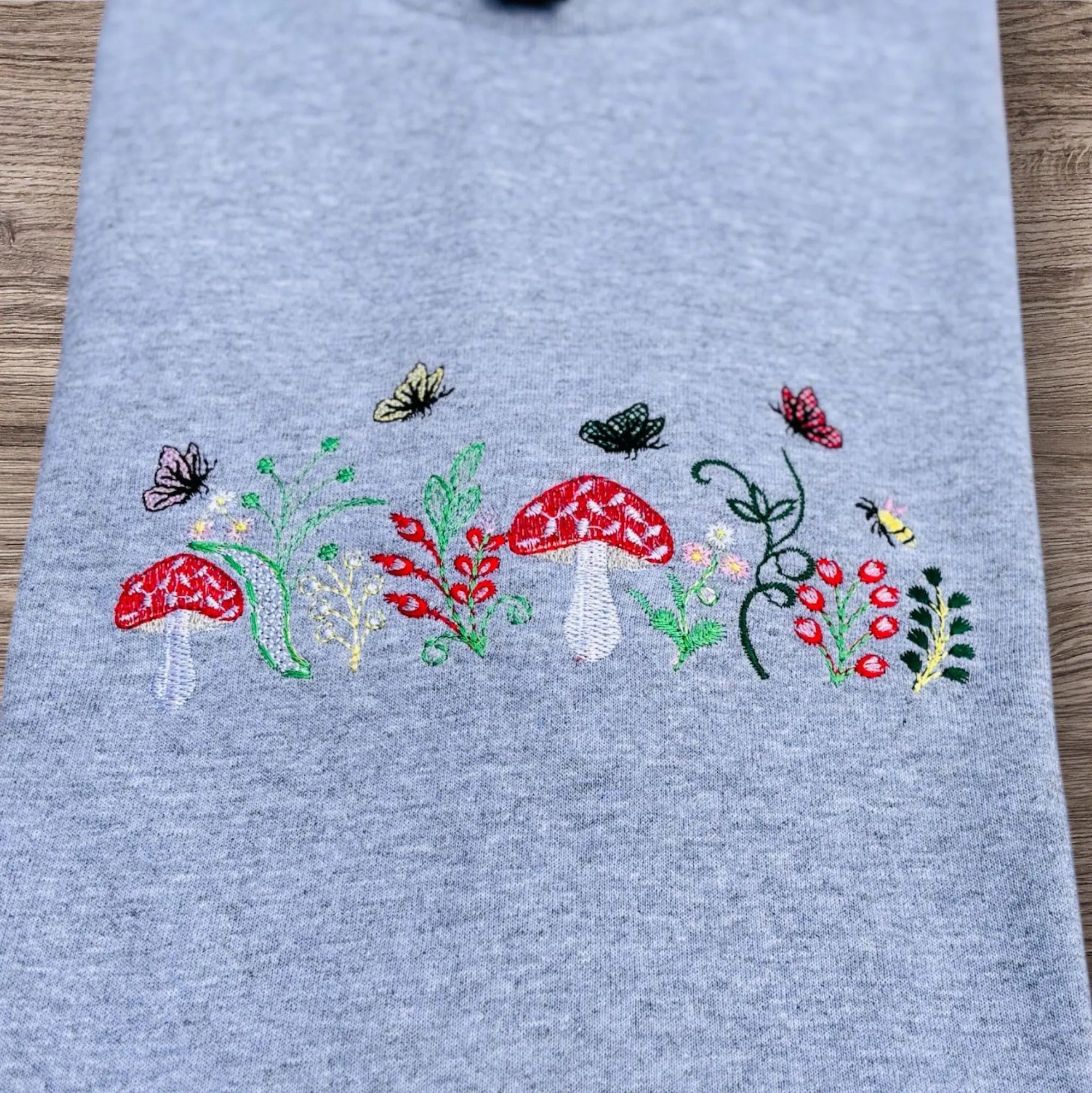 Enchanted hedgerow embroidered, floral woodland sweatshirt, hoodie. Pretty flowers, wildlife, forestry, mushroom, butterfly sweater. - Image 2