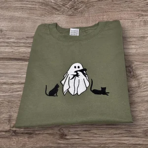 Embroidered cute ghost cat sweatshirt or hoodie. Kitten clothing, animal shirt, gift for cat lovers, Halloween hoodie.