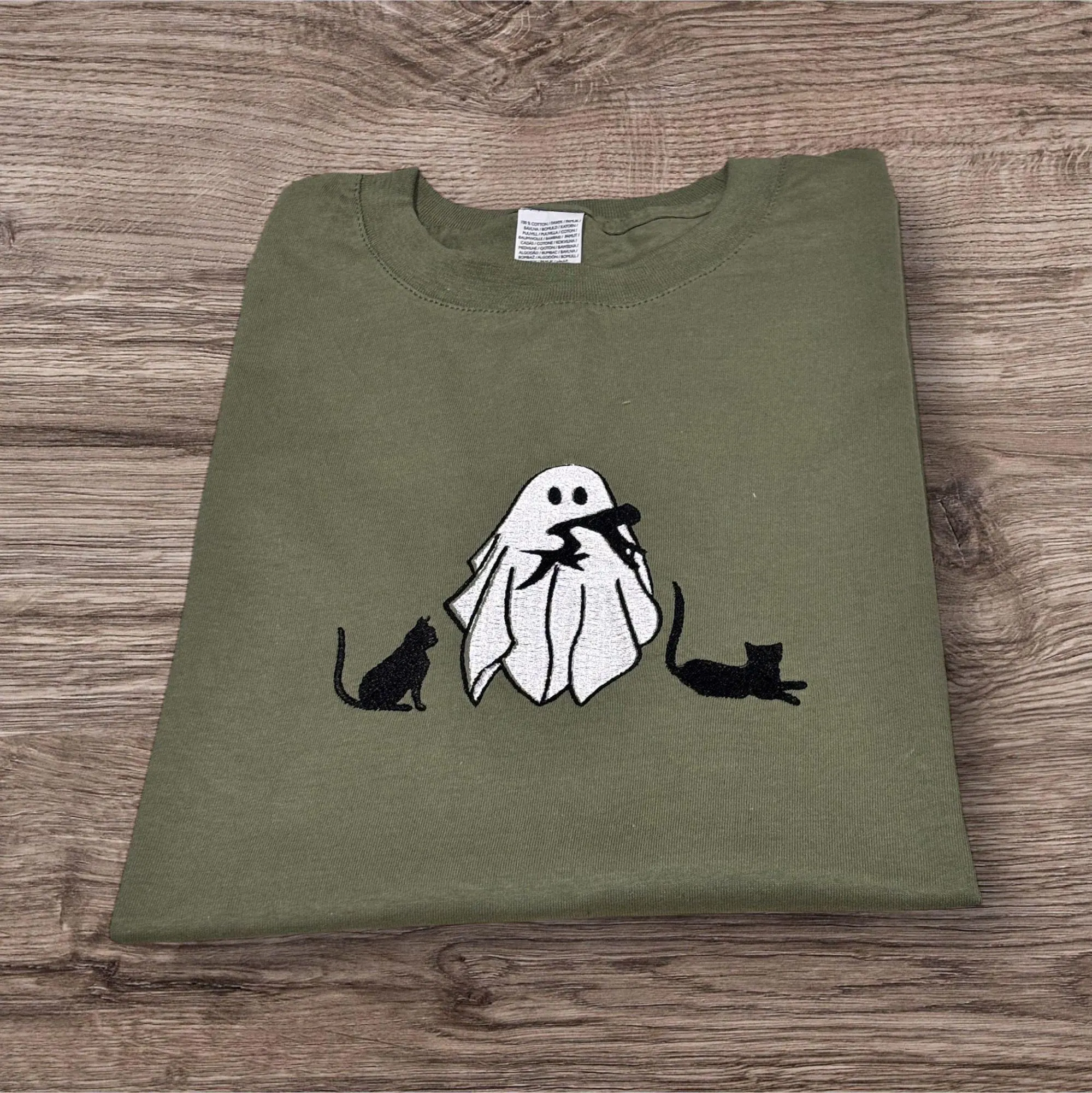 Embroidered cute ghost cat sweatshirt or hoodie. Kitten clothing, animal shirt, gift for cat lovers, Halloween hoodie.
