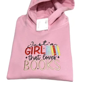 Embroidered Kids Sweatshirt: "Just a Girl Who Loves Books" Slogan