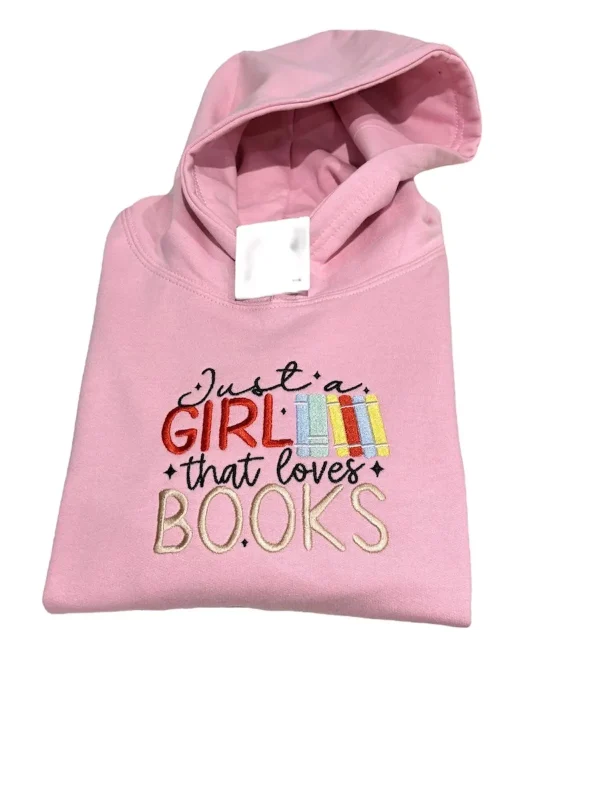 Embroidered Kids Sweatshirt: "Just a Girl Who Loves Books" Slogan