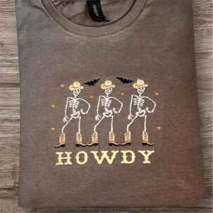 Embroidered Howdy Skeleton Sweatshirt: Cowboy Boots, Western Halloween Jumper