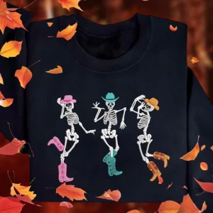Embroidered Cowboy Skeleton Sweatshirt: Western Halloween Jumper