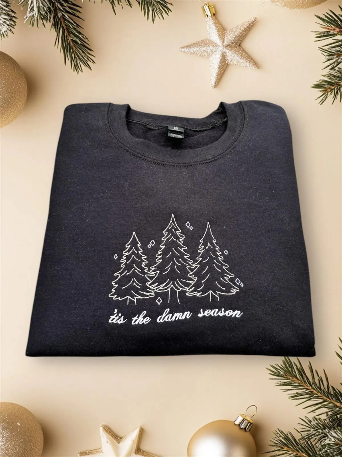 Embroidered tis the damn season , sweatshirt, hoodie. Cute Christmas jumper, Christmas tree, festive sweater, xmas gift, unisex crew neck. - Image 3