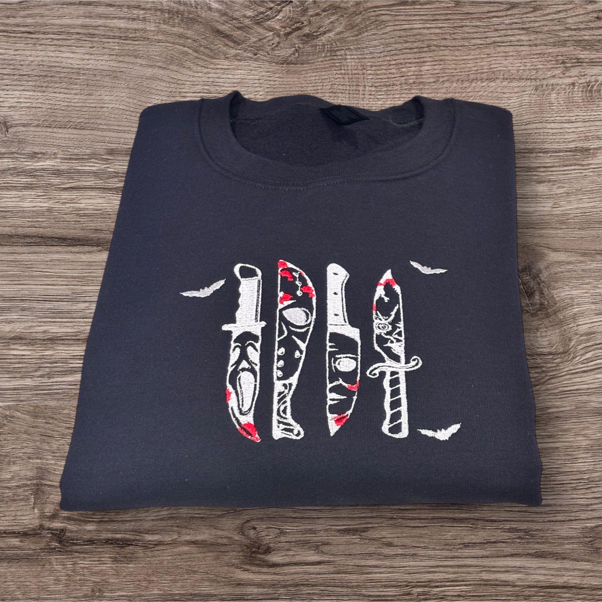 Embroidered Halloween Sweatshirt: Scream Movie Knife Face Crewneck