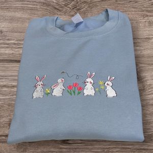 Embroidered Rabbit with Flowers: Unisex Crew Neck Sweatshirt
