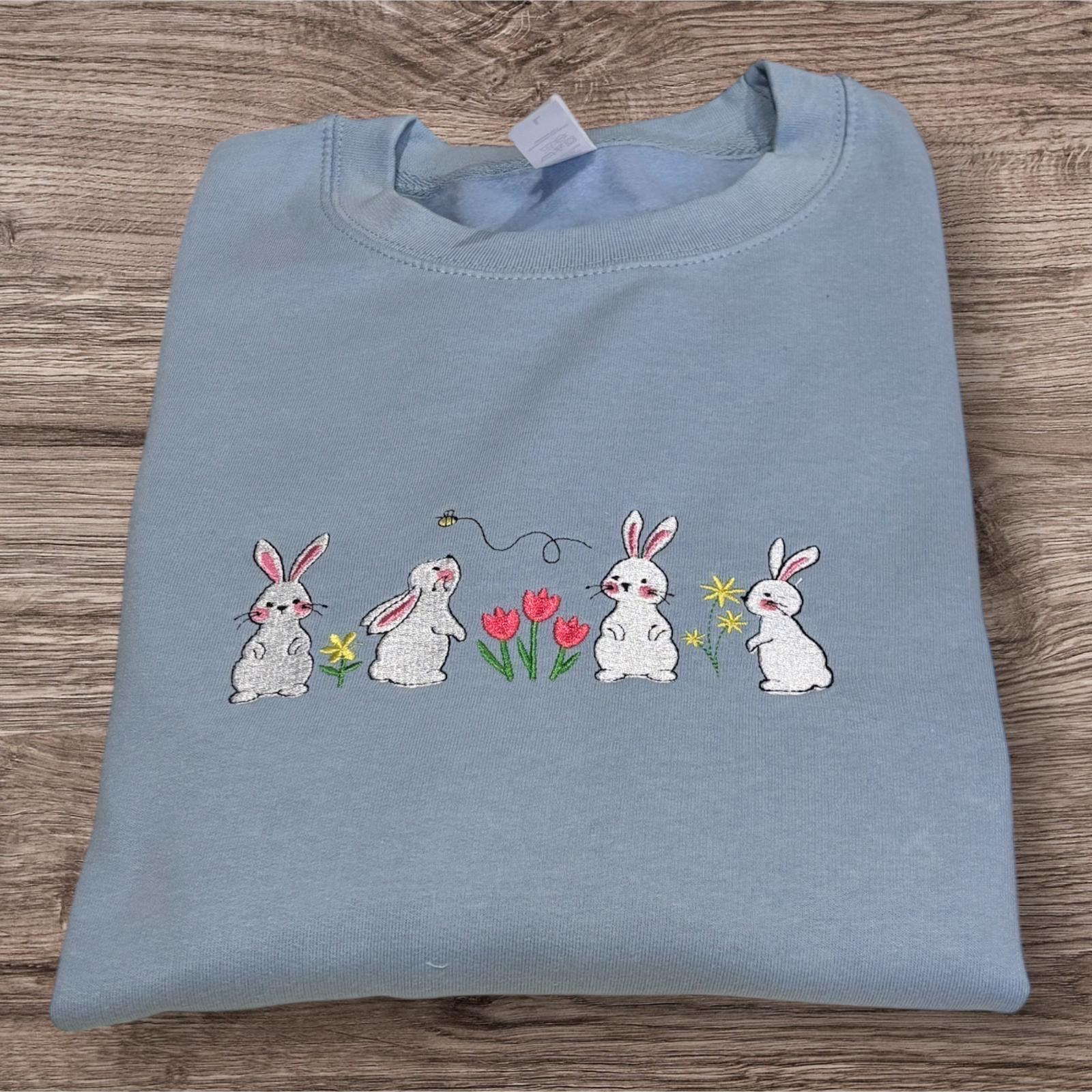 Embroidered Rabbit with Flowers: Unisex Crew Neck Sweatshirt