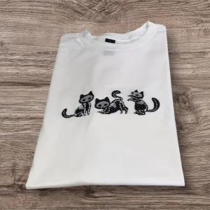 Embroidered cute skeleton cats sweatshirt or hoodie. Kitten clothing, animal shirt, gift for cat lovers, Halloween hoodie.