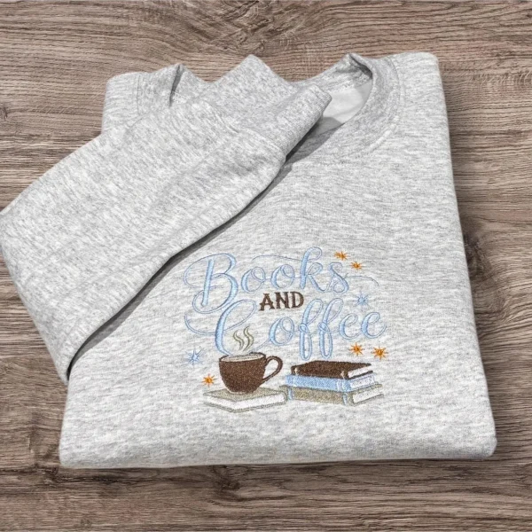 Embroidered Books and Coffee Sweatshirt: Reading Lover Crew Neck - Image 2