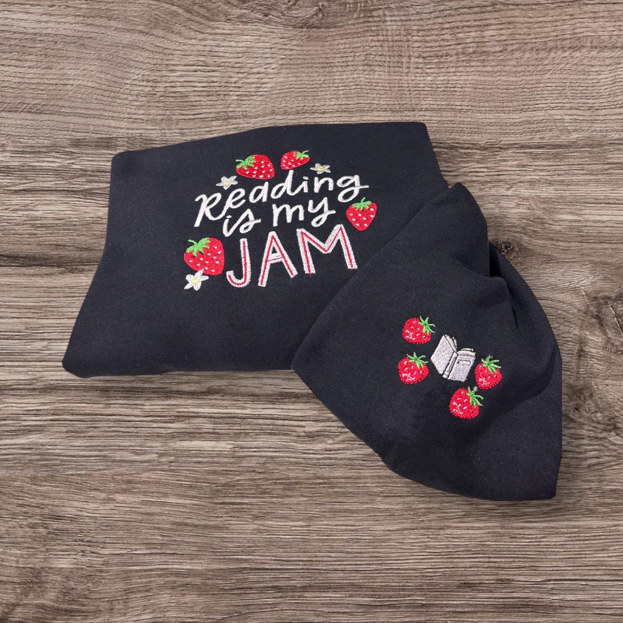 Embroidered "Reading is My Jam" Sweatshirt: Strawberry Book Lover Gift - Image 3