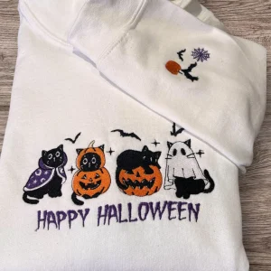 Embroidered Ghost Cat Sweatshirt: Halloween Pumpkin Clothing
