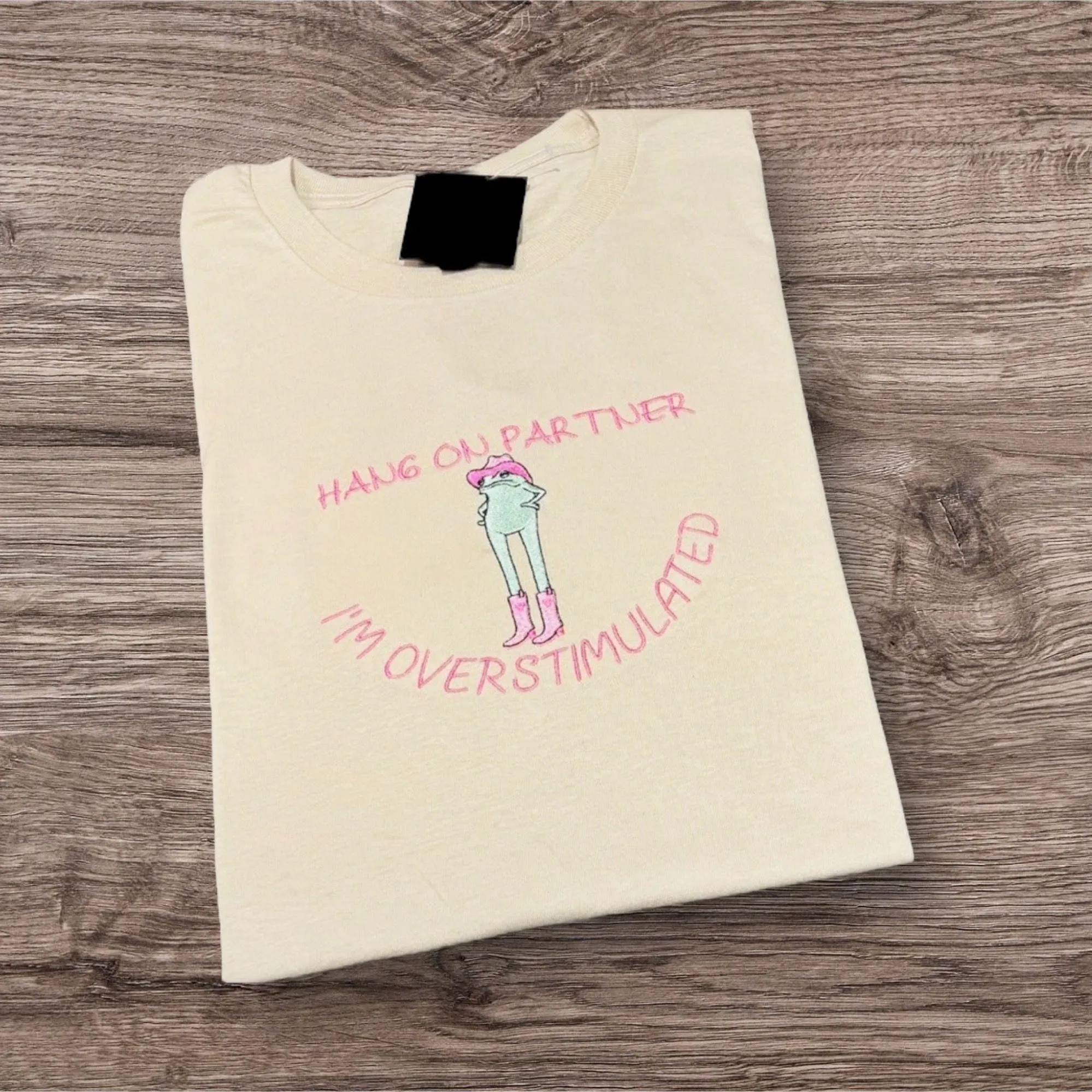 Embroidered Frog Cowboy T-shirt: Overstimulated Slogan, Countrycore Clothing - Image 2