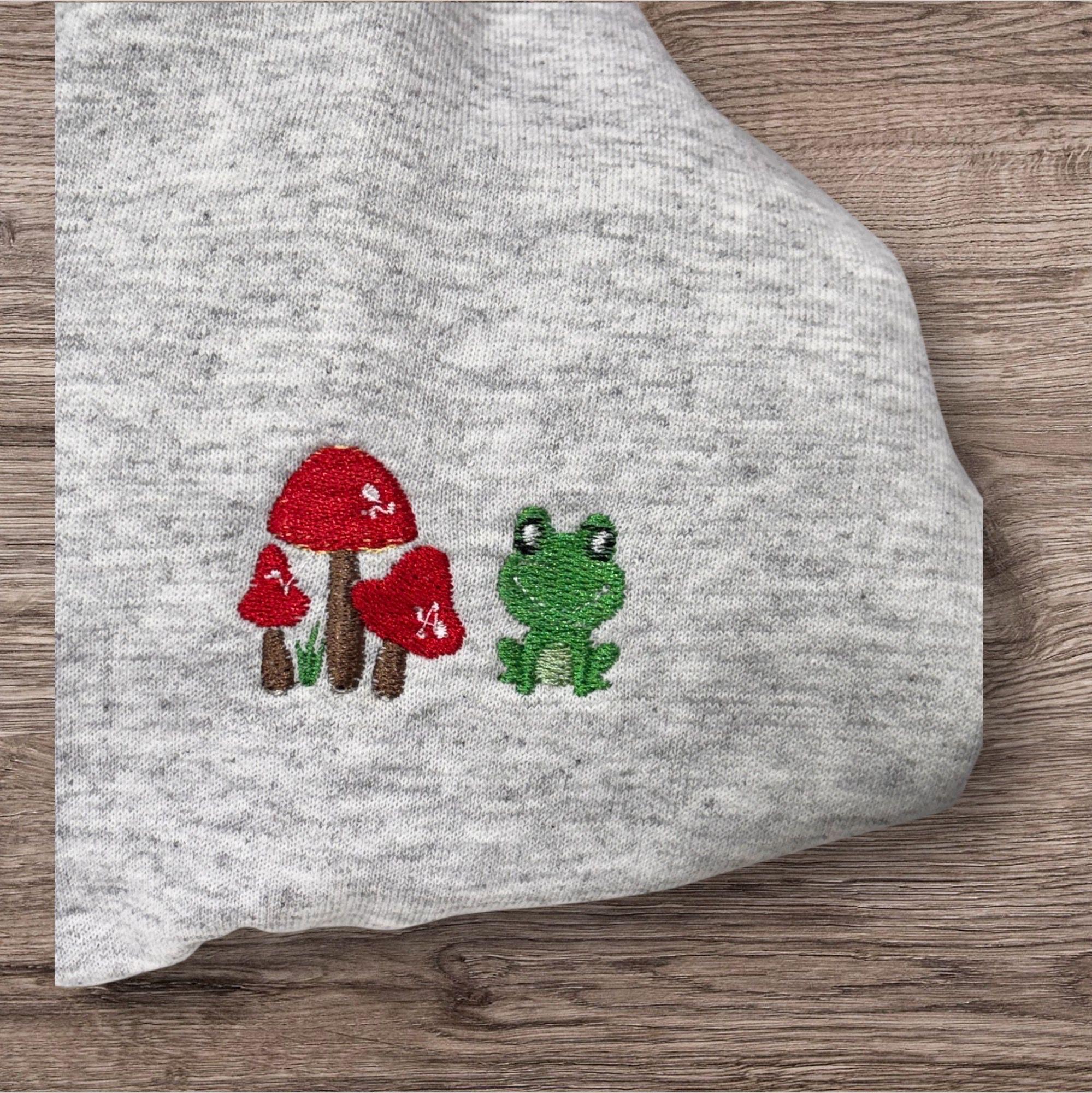 Embroidered frogs dancing in the rain, sweatshirt or hoodie. Optional toadstool and frog sleeve embroidery, cute animal clothes gift. - Image 3