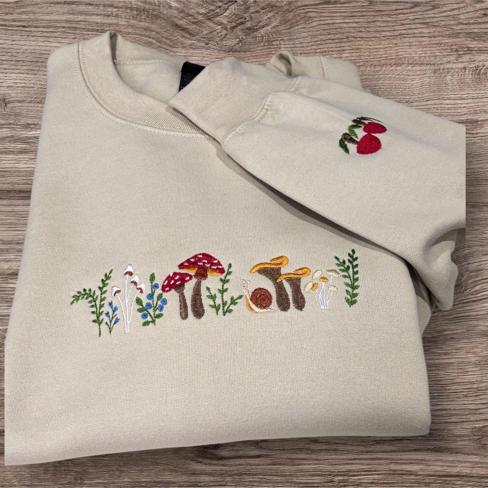 Enchanted hedgerow, mushroom forest embroidered, floral woodland sweatshirt, hoodie. Pretty flowers, wildlife, forestry sweater. - Image 2