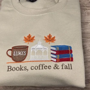 Embroidered Autumn Sweatshirt: Books, Coffee, and Fall Crew Neck