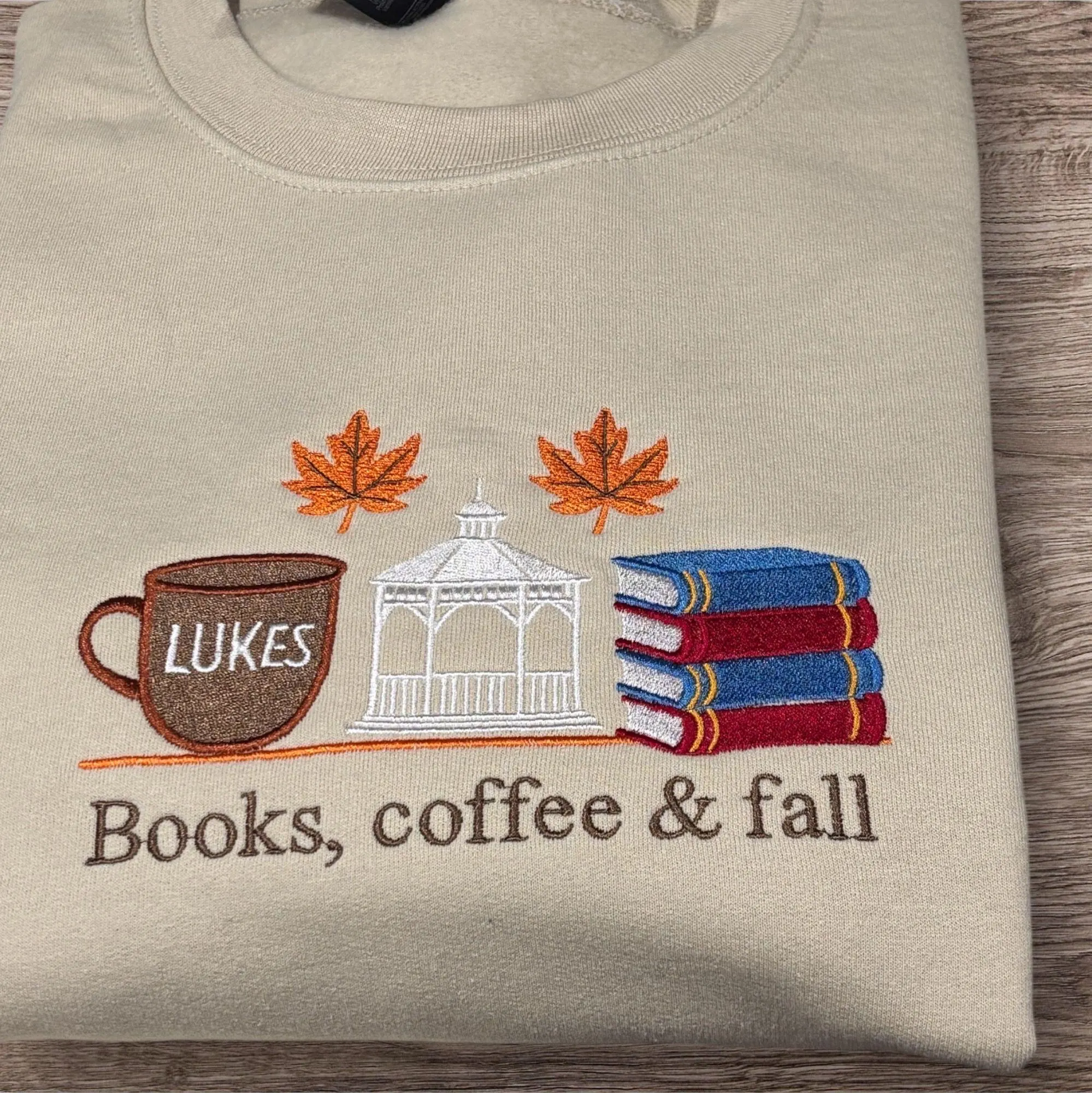 Embroidered Autumn Sweatshirt: Books, Coffee, and Fall Crew Neck