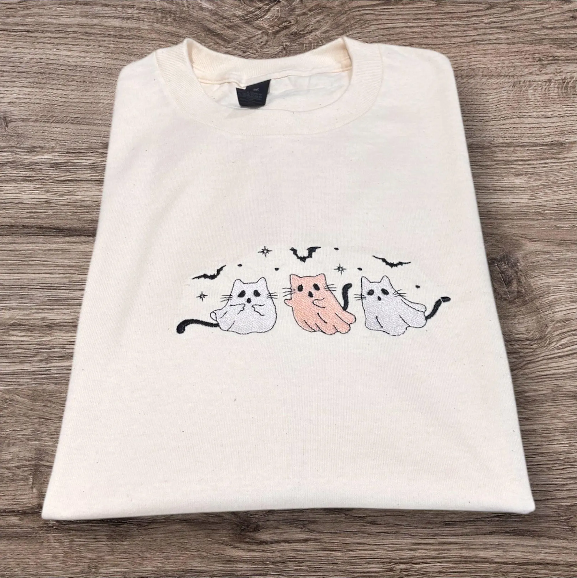 Embroidered cute ghost cat sweatshirt or hoodie. Kitten clothing, animal shirt, gift for cat lovers, Halloween hoodie.