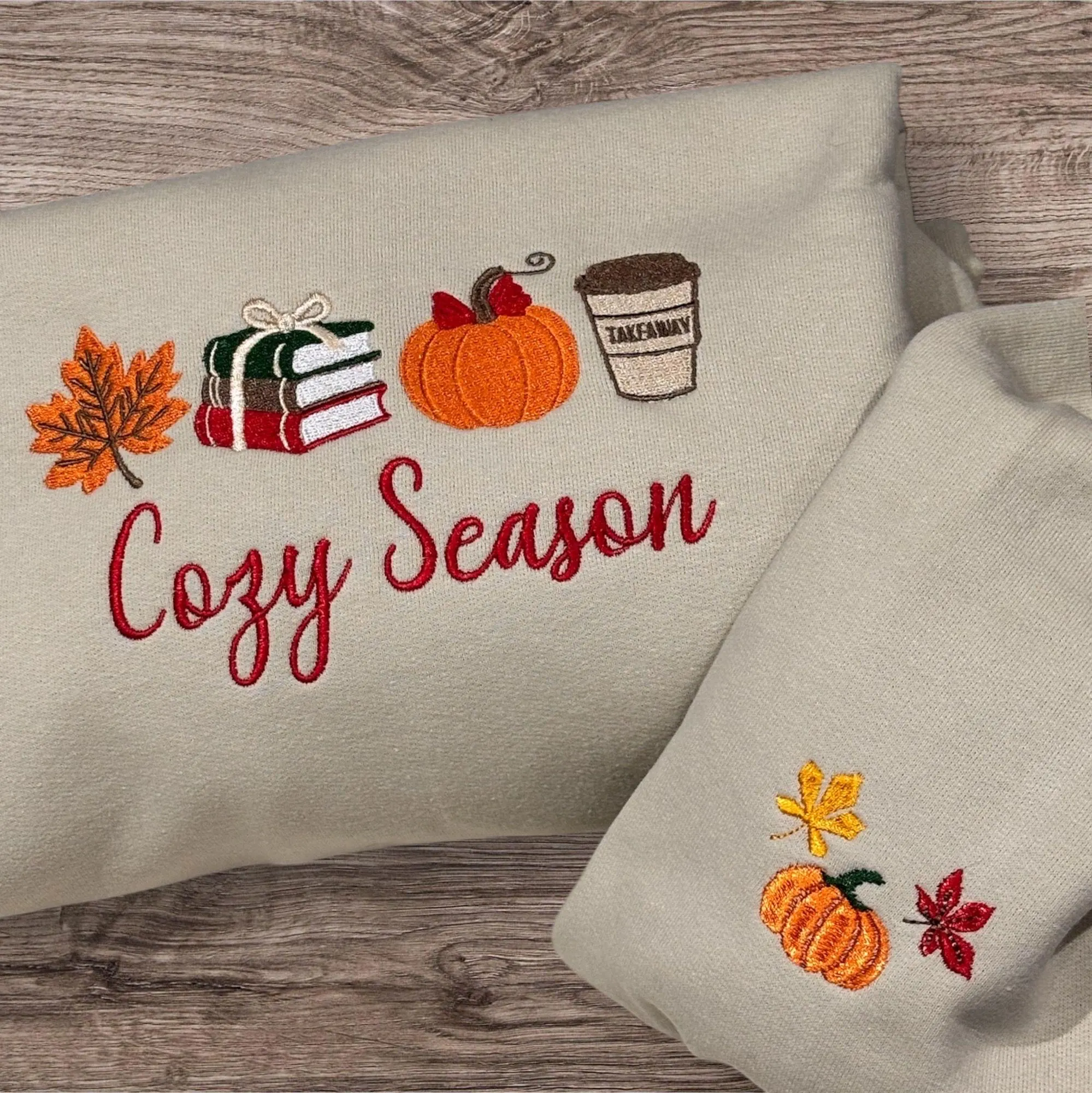 Embroidered Cosy Season Sweatshirt: Autumn Leaves, Coffee Cup & Candles - Image 2