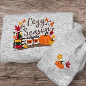 Embroidered Cosy Season Sweatshirt: Autumn Leaves, Coffee Cup & Candles