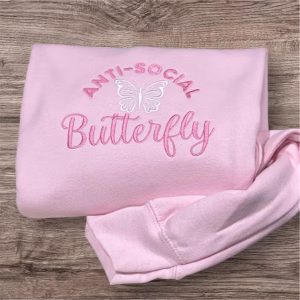 Embroidered Anti Social Butterfly Sweatshirt: Pretty Pink Crew Neck