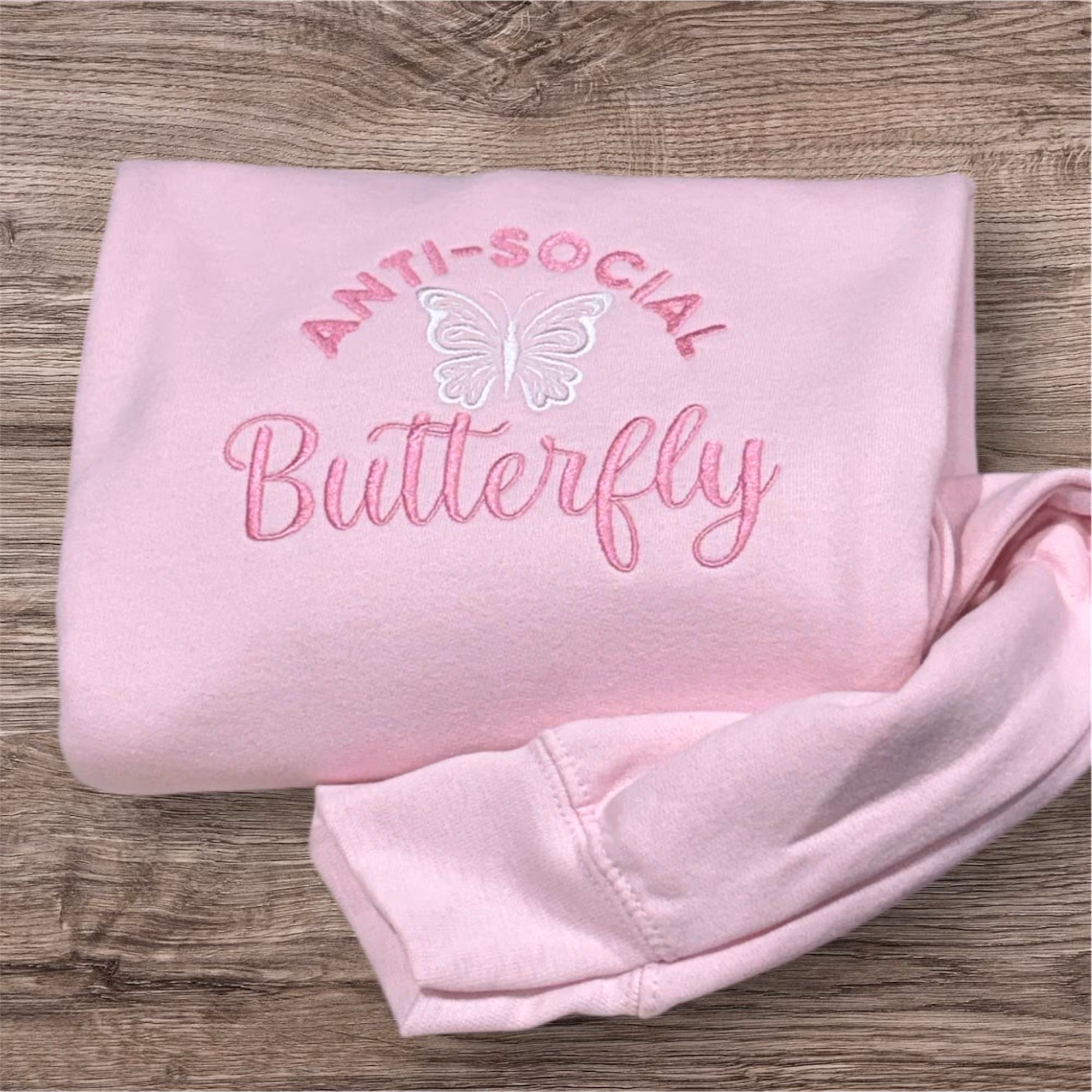 Embroidered Anti Social Butterfly Sweatshirt: Pretty Pink Crew Neck